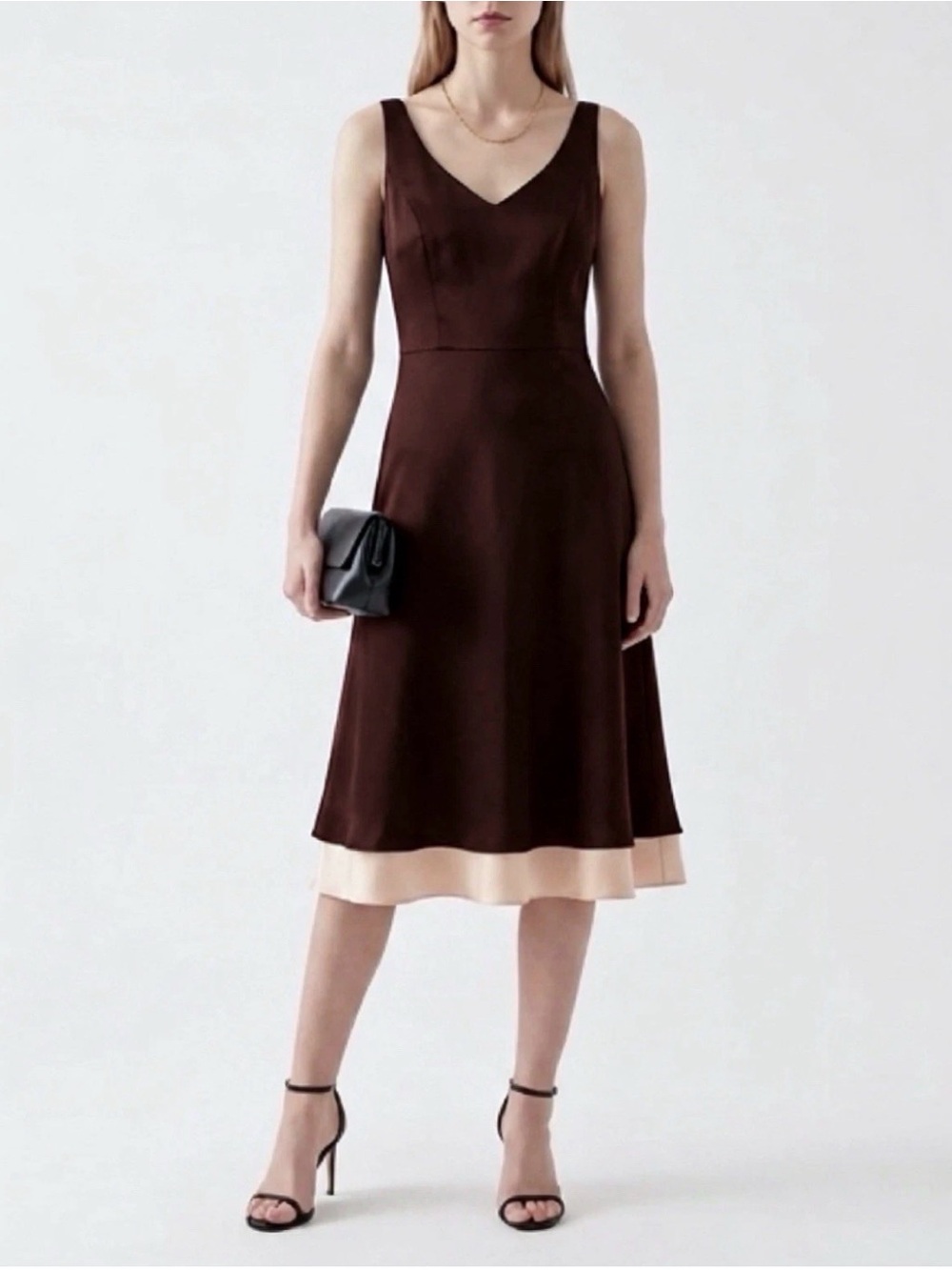Ann Taylor formal dress chocolate Brown Midi Dress with Cream Hem 100% silk